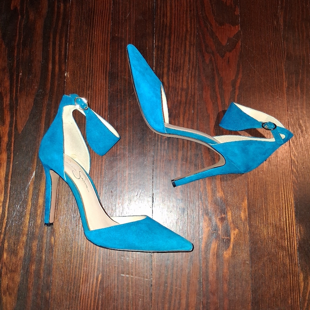 JESSICA SIMPSON JS-CITA. COLOR "CERULEAN".  LUX KID SUEDE HEELS. US 9M.